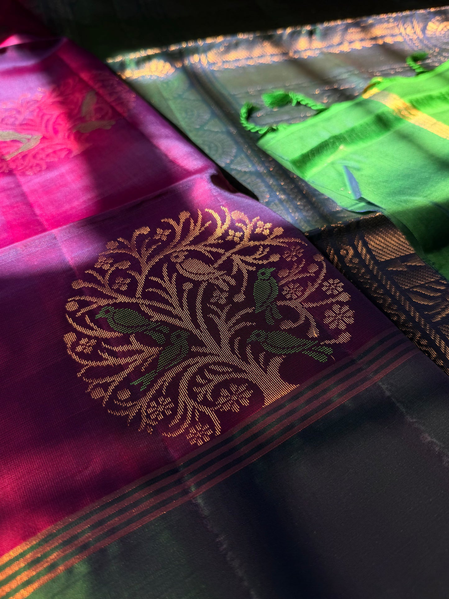 The Artisan’s Soul - The Parrot Grove Pure Silk Saree in Vibrant Magenta and Emerald