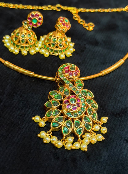 Contemporary Emerald Green & Ruby Gold-Plated Pendant Necklace Set with Jhumkas