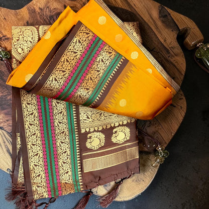 Amber Glow Handloom Soft Silk Saree with Rich Zari Pallu