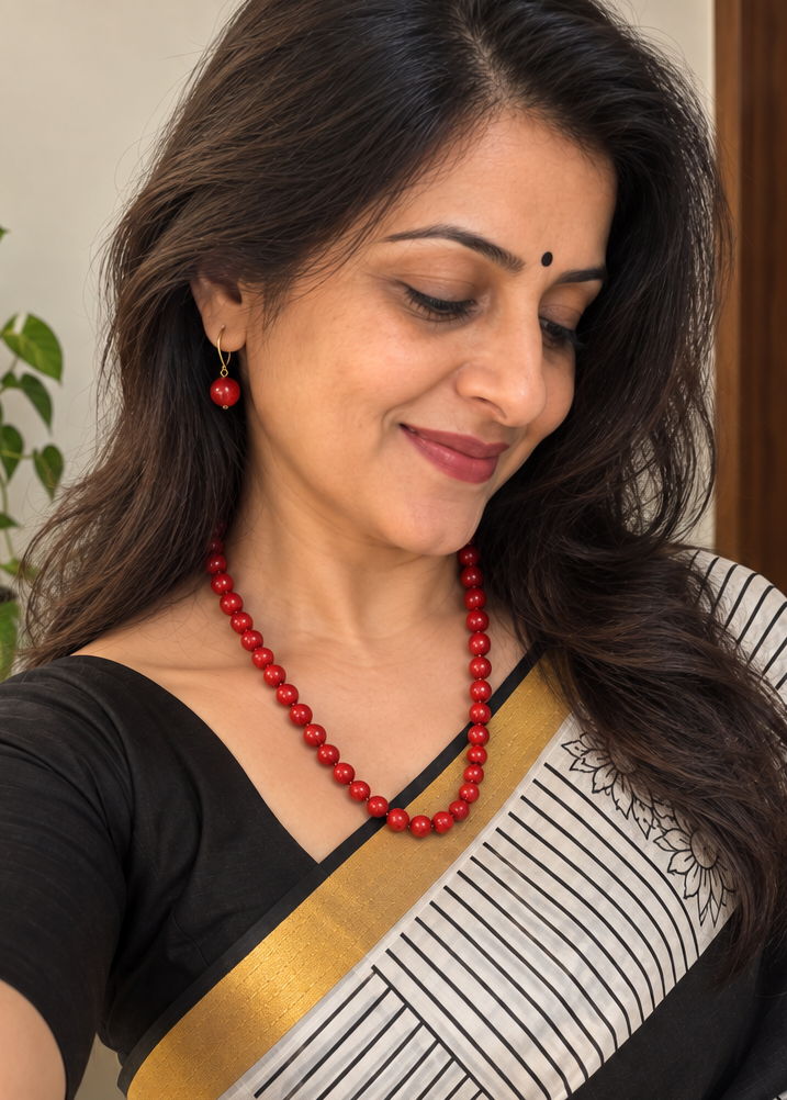 Tibetan Red Coral Bead Necklace Set with Matching Earrings | Hridha