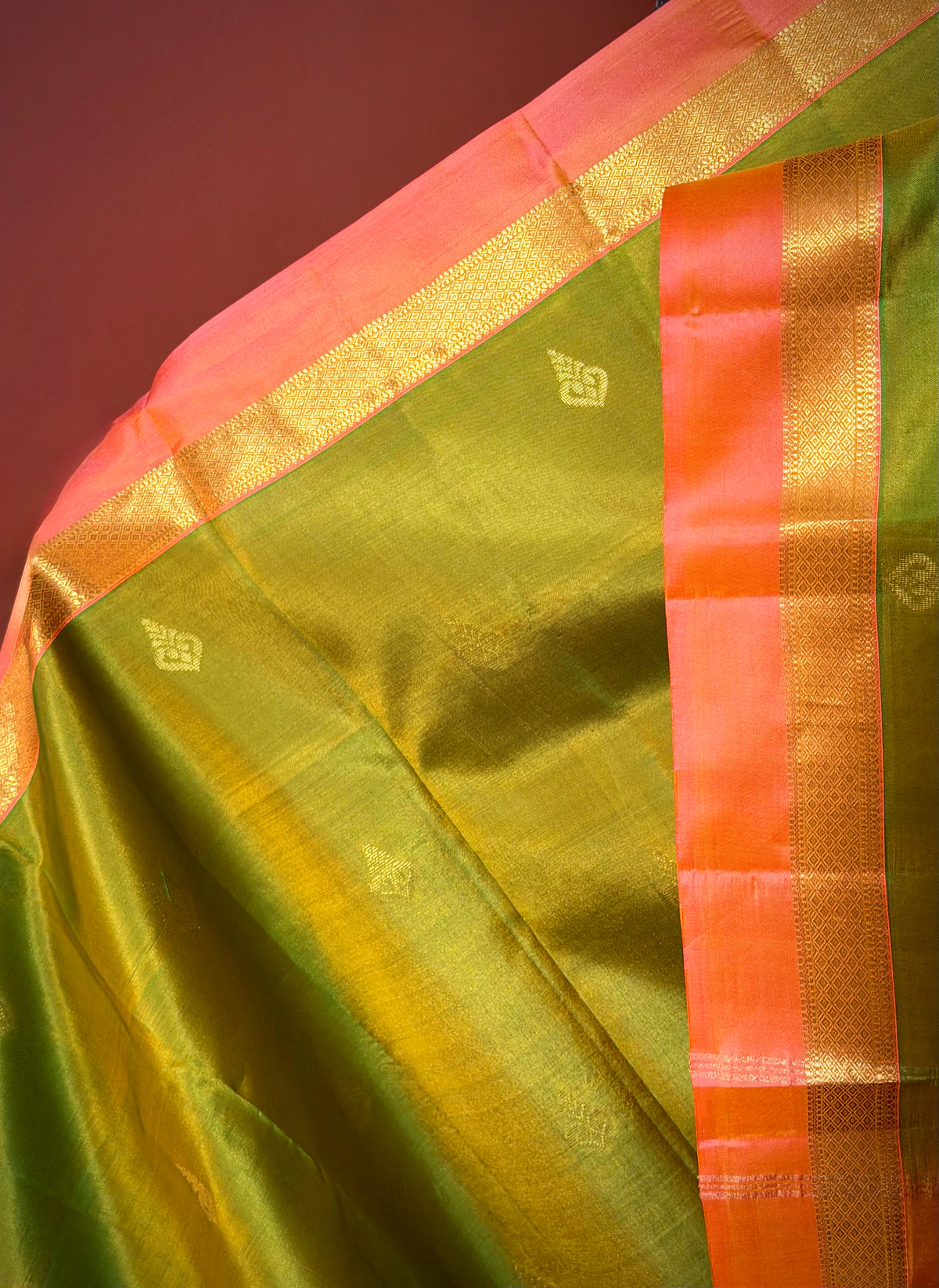 Pure Silk Parrot Green with Coral Pink Zari Border Saree