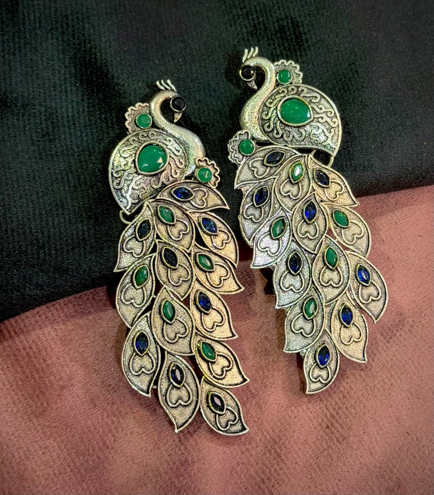 Long Peacock Earrings in Oxidised German Silver