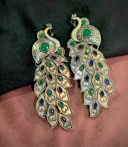 Long Peacock Earrings in Oxidised German Silver