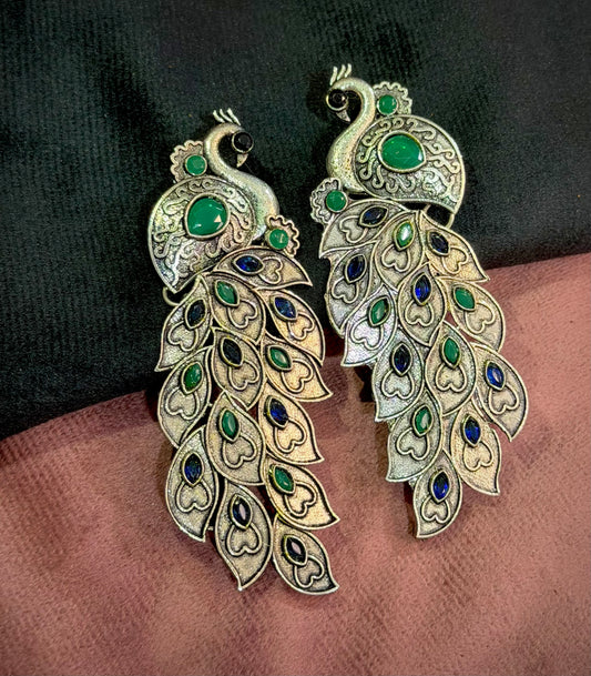 Long Peacock Earrings in Oxidised German Silver