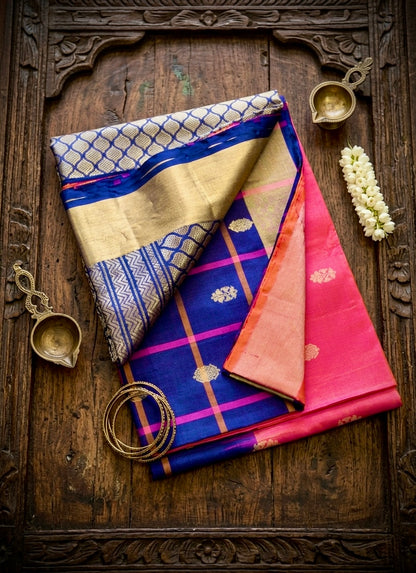 Radiant Rose & Blue: Handwoven Kanjivaram Masterpiece