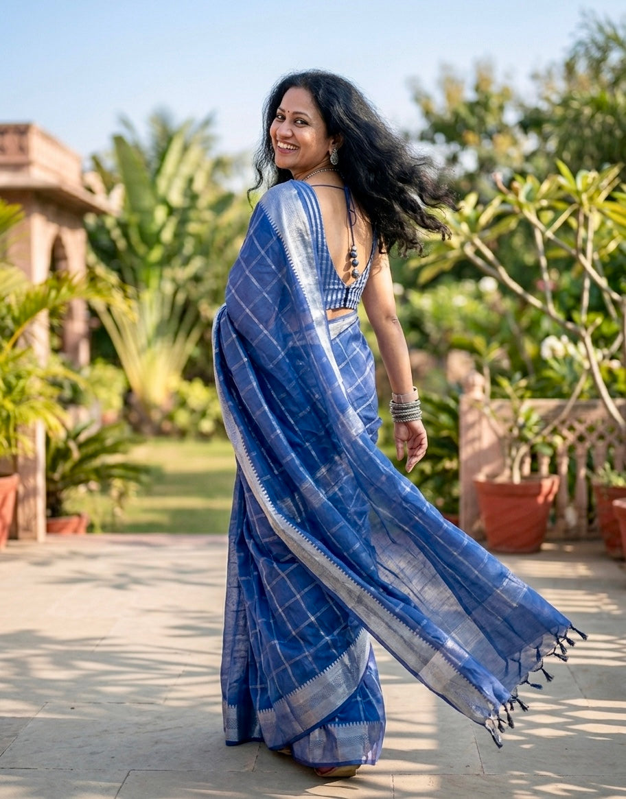 Mangalagiri Blue with silver zari