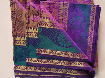 Luminous Dual-Tone Purple and Green Silk Cotton Woven Saree with Zari Motifs