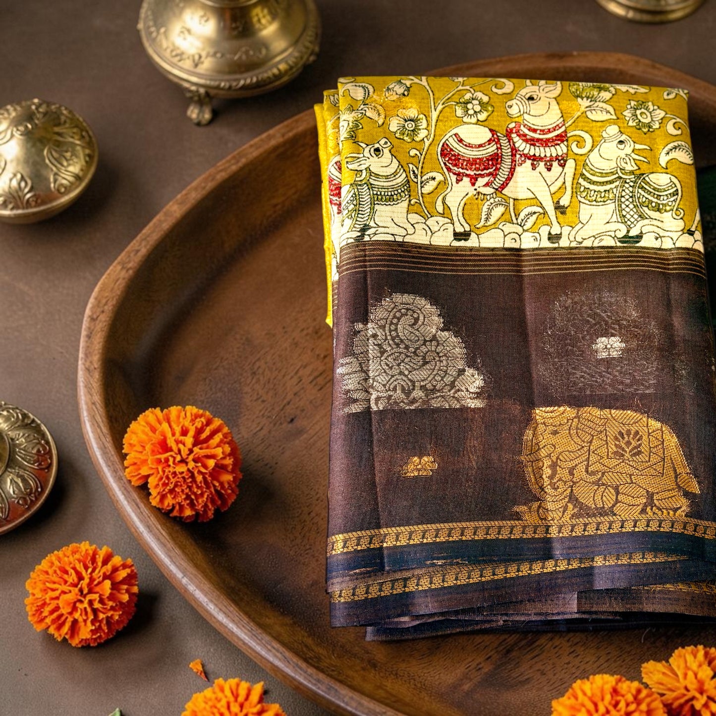 Aura of Artisans: Premium Lavender-Mustard Kalamkari Saree Collection