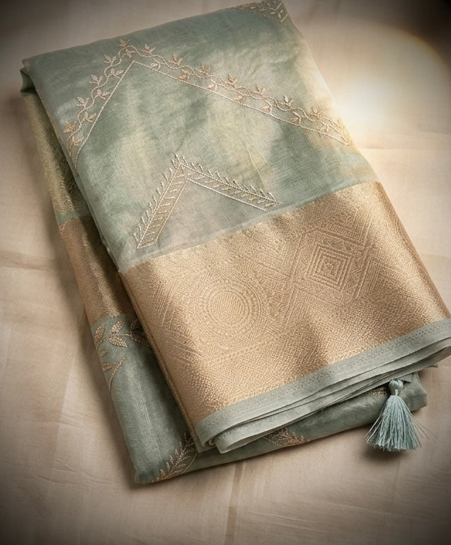 Embroidered Aura Tissue Silk Sarees with Ornate Zari Border