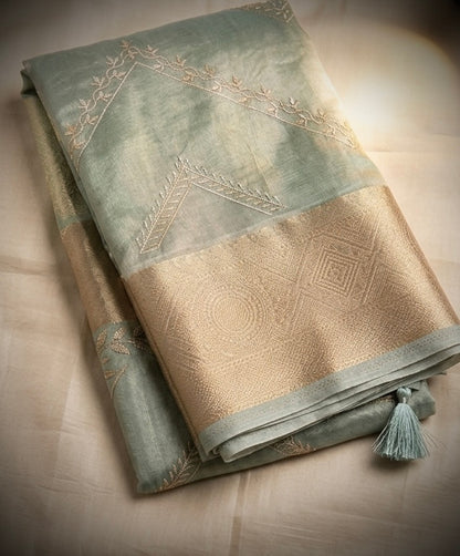 Embroidered Aura Tissue Silk Sarees with Ornate Zari Border