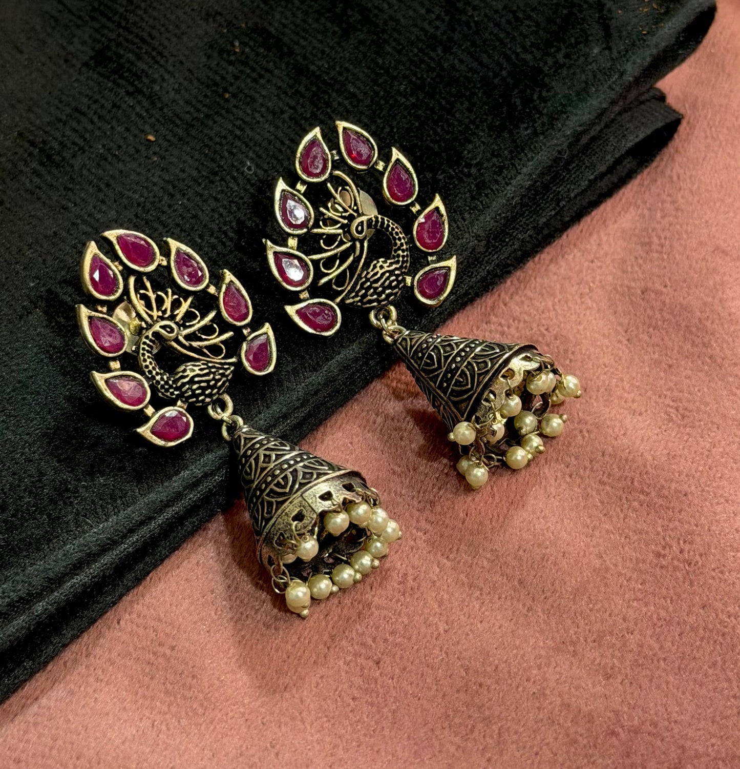 Maroon Peacock Oxidised Jhumkas