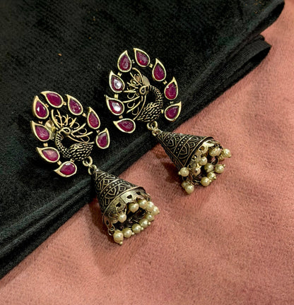 Maroon Peacock Oxidised Jhumkas