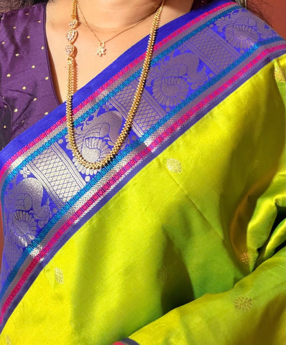 Lime Green Soft Silk Saree with Peacock Zari Pallu & Contrast Border | Hridha