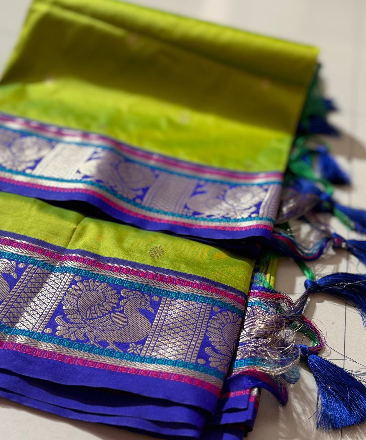 Lime Green Soft Silk Saree with Peacock Zari Pallu & Contrast Border | Hridha