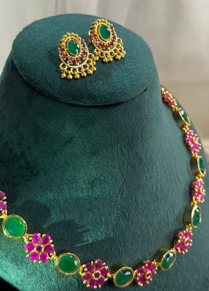 Ruby & Emerald Floral Gold Necklace Set | Hridha