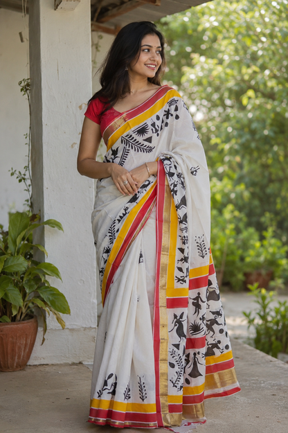 Handpainted Kasavu Cotton Saree with Folk Art