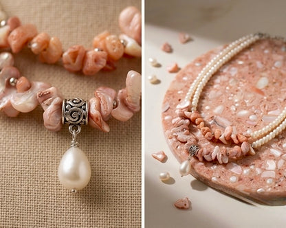 The Aurora Double-Strand Baroque Pearl & Coral Chip Necklace