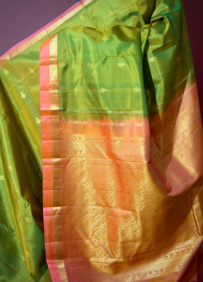 Pure Silk Parrot Green with Coral Pink Zari Border Saree