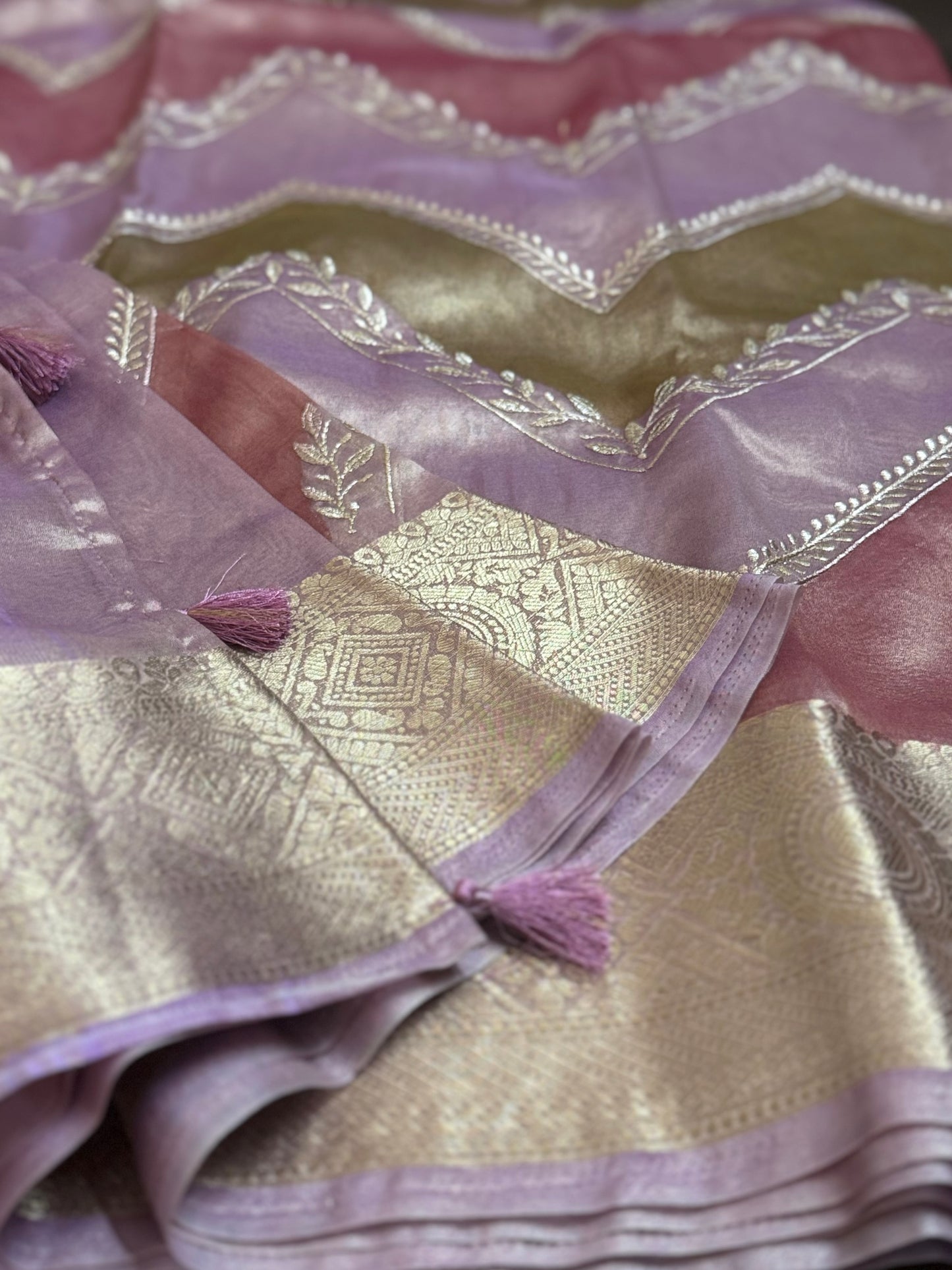 Embroidered Aura Tissue Silk Sarees with Ornate Zari Border