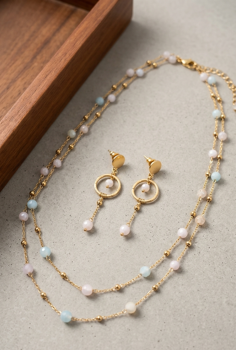 The Pastel Serenade Set | Delicate Gold & Multi-Gemstone Necklace and Earring Duo