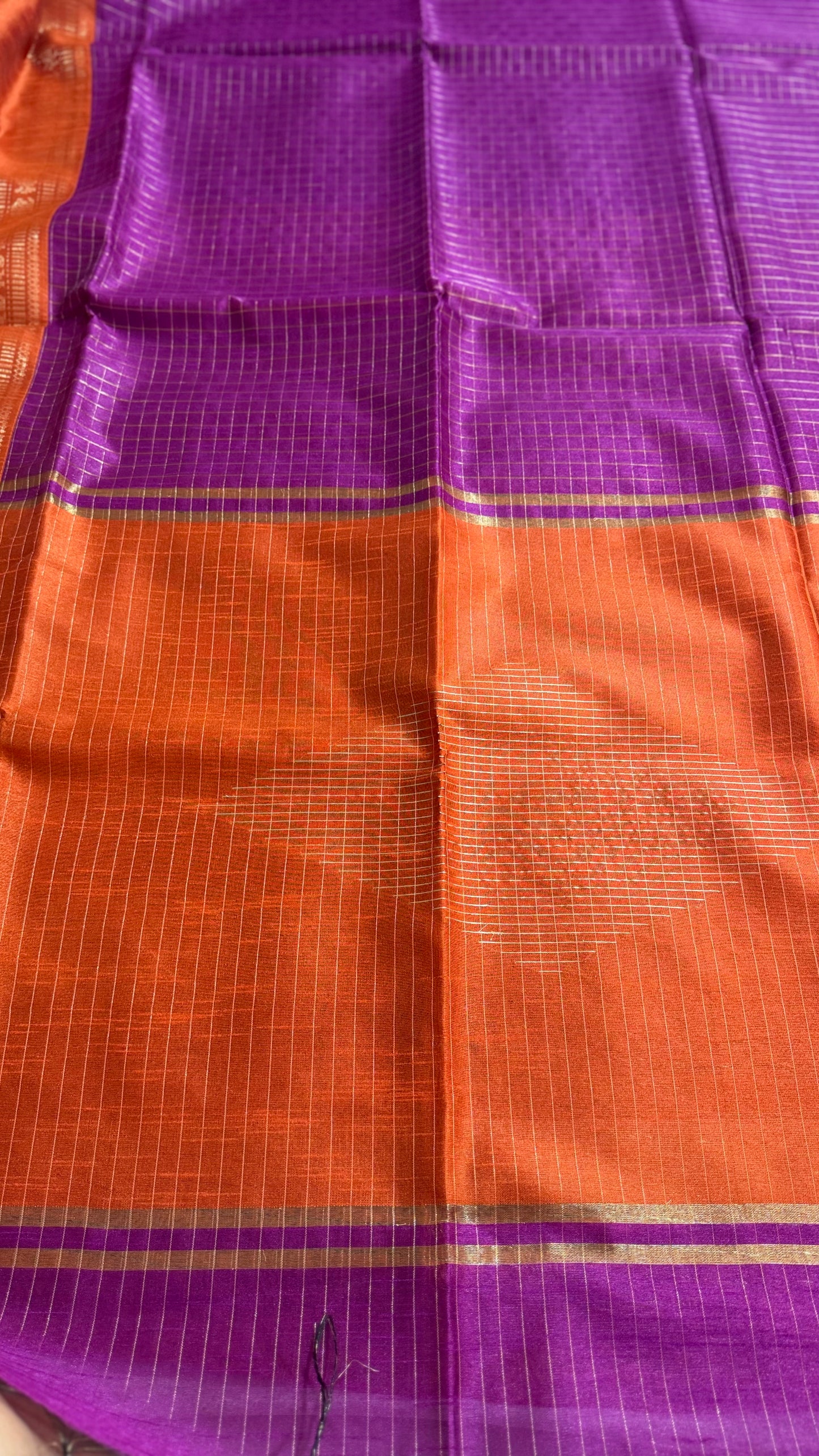 Royal Purple & Tangerine Checkered Tussar Silk Saree