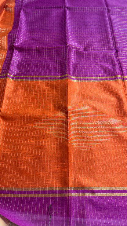 Royal Purple & Tangerine Checkered Tussar Silk Saree
