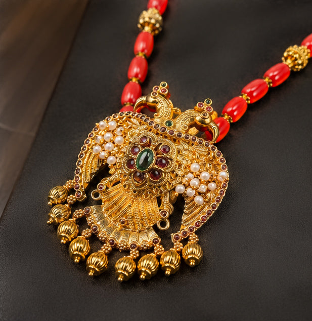 Natural Tibetan Coral Necklace with Statement Gandaberunda Pendant