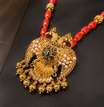 Natural Tibetan Coral Necklace with Statement Gandaberunda Pendant