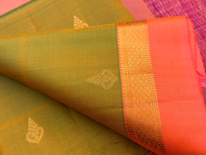 Pure Silk Parrot Green with Coral Pink Zari Border Saree