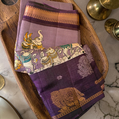Aura of Artisans: Premium Lavender-Mustard Kalamkari Saree Collection