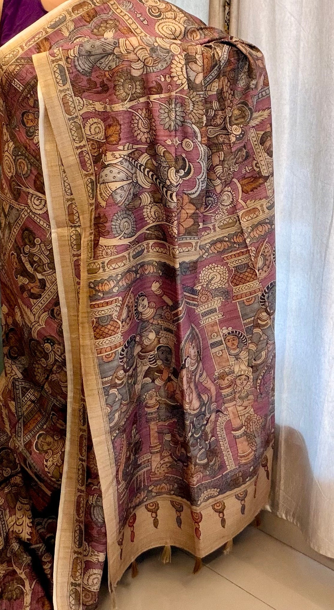 Archaic Elegance: Lilac and Olive Green Kalamkari Tussar Collection