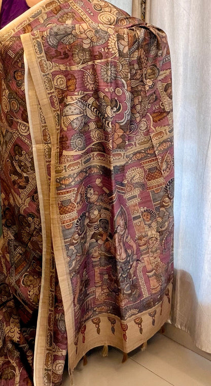 Archaic Elegance: Lilac and Olive Green Kalamkari Tussar Collection