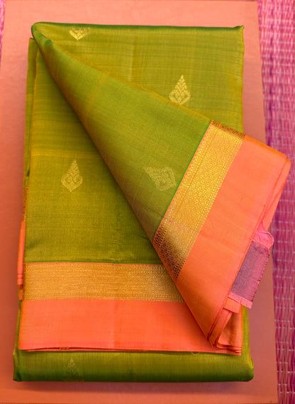 Pure Silk Parrot Green with Coral Pink Zari Border Saree