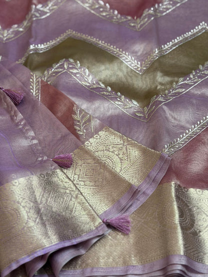 Embroidered Aura Tissue Silk Sarees with Ornate Zari Border
