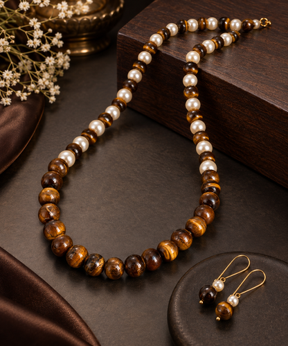 Natural Tiger Eye & Pearl Beaded Necklace Set with Earrings | Hridha