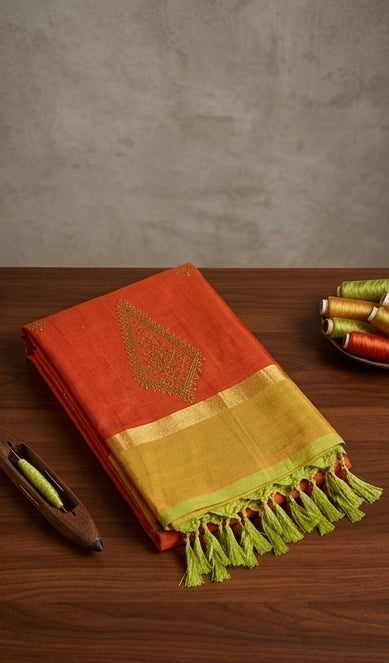 Vibrant Orange Handloom Silk Saree with Contrast Green Pallu & Tassels