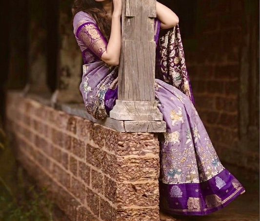 Aura of Artisans: Premium Lavender-Mustard Kalamkari Saree Collection