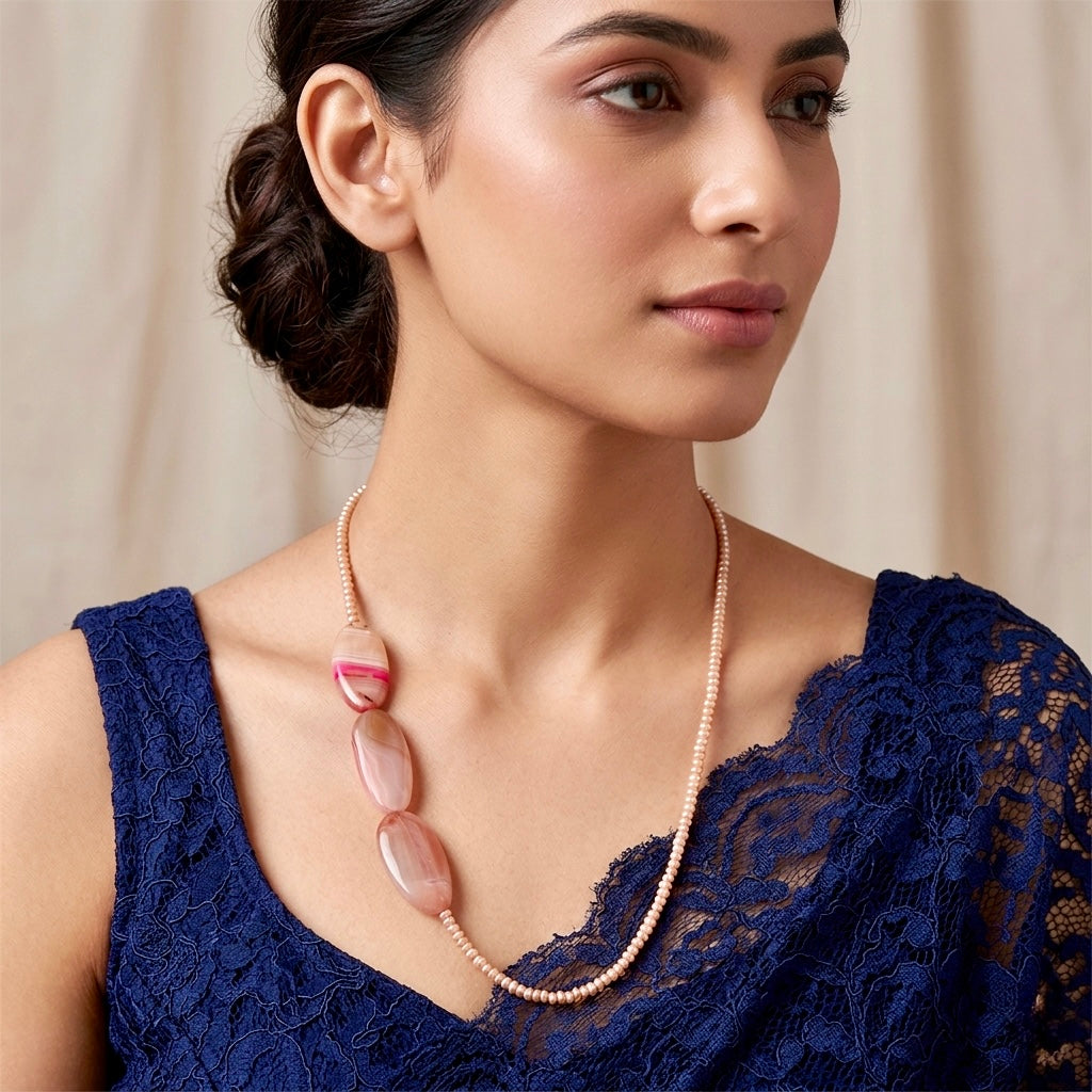 Rosé Horizon: Handcrafted Pink Pearl & Striated Agate Asymmetrical Neckpiece