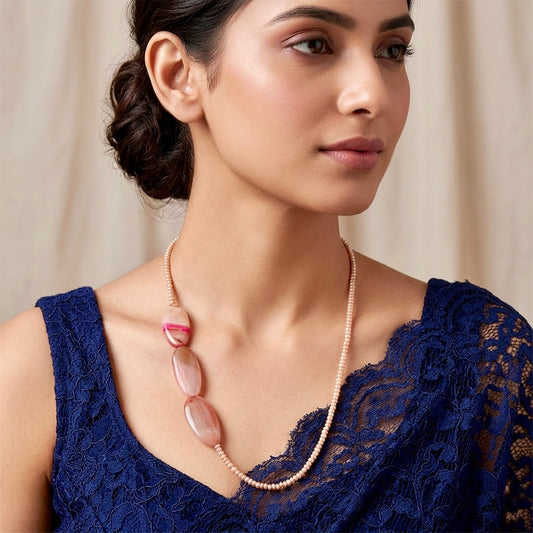 Rosé Horizon: Handcrafted Pink Pearl & Striated Agate Asymmetrical Neckpiece