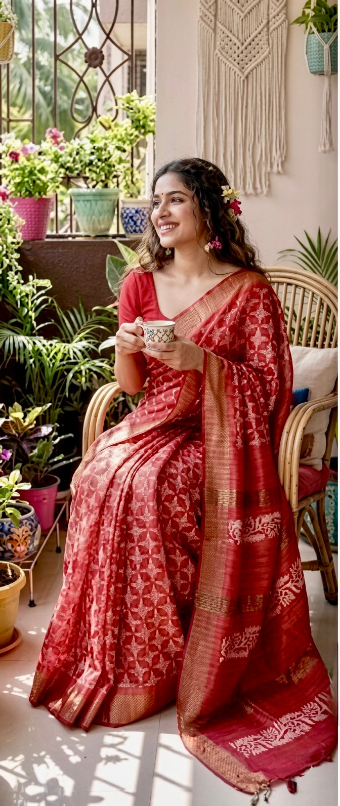 Tussar ghicha saree with block prints