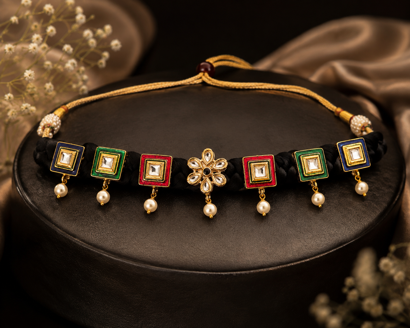 Multicolour Kundan & Swarovski Pearl Choker Set with Matching Earrings