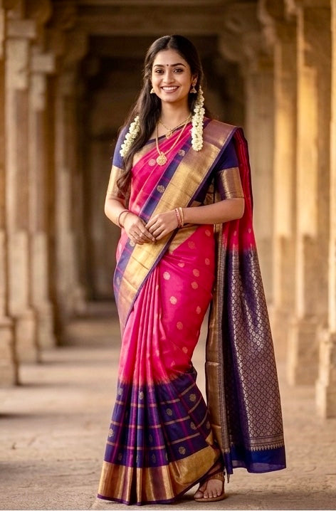 Radiant Rose & Blue: Handwoven Kanjivaram Masterpiece