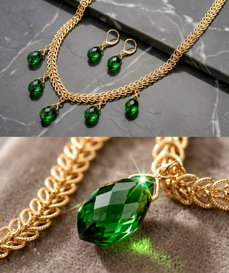 The Verdant Vine: 24K Gold Chevron Link & Emerald-Cut Crystal Jewelry Set