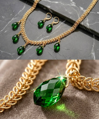 The Verdant Vine: 24K Gold Chevron Link & Emerald-Cut Crystal Jewelry Set