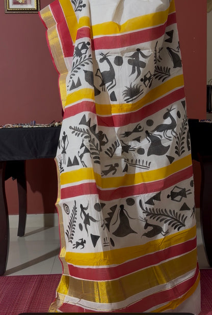 Handpainted Kasavu Cotton Saree with Folk Art