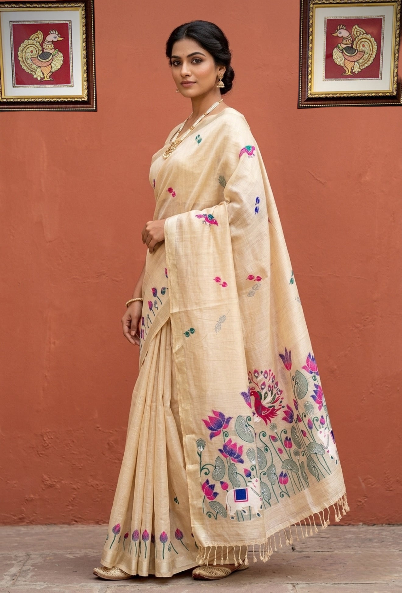 Swarna Muga: Weaved Muga Cotton Saree with Zari Tissue Pallu