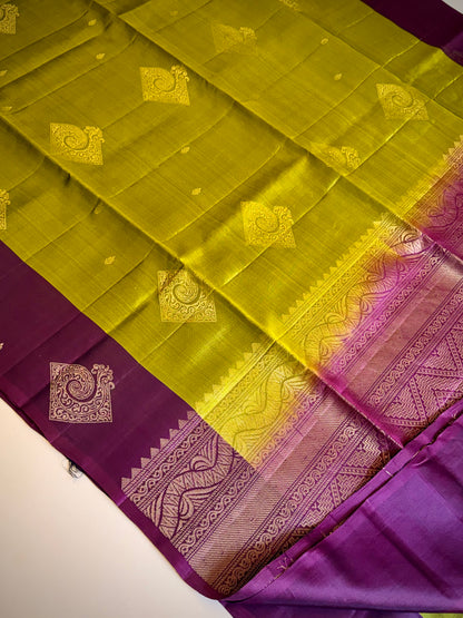 Chartreuse Green & Maroon Pure Silk Saree