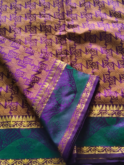 Luminous Dual-Tone Purple and Green Silk Cotton Woven Saree with Zari Motifs