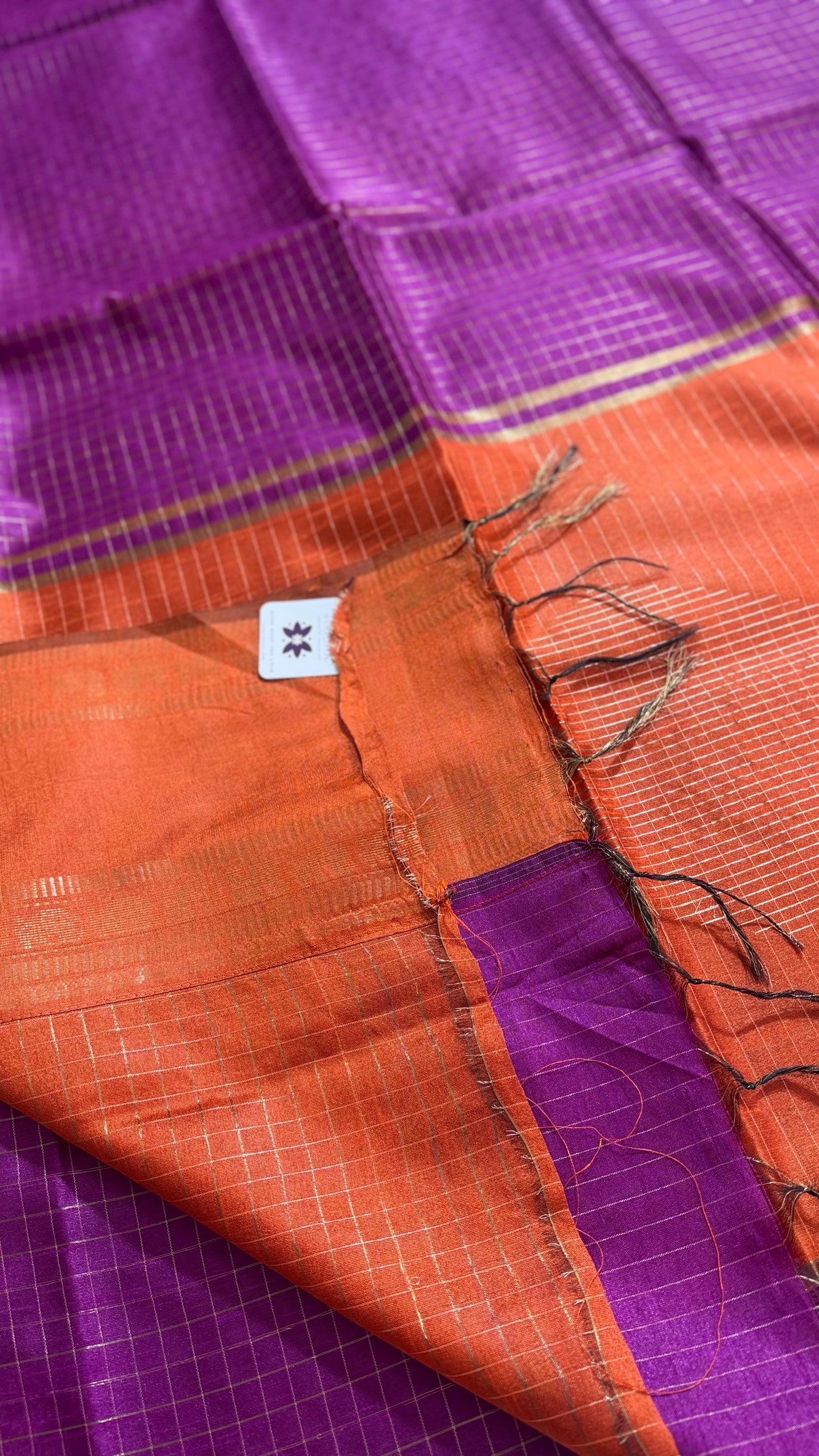 Royal Purple & Tangerine Checkered Tussar Silk Saree