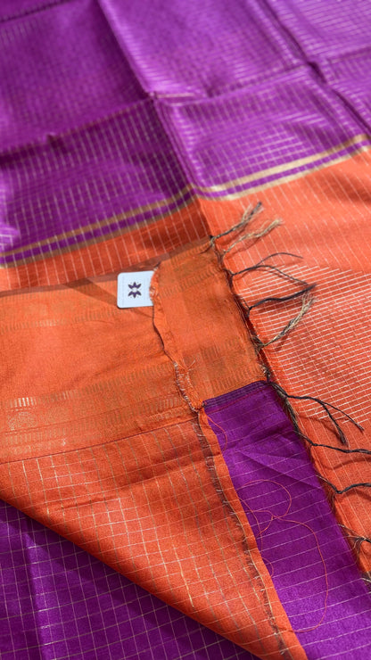 Royal Purple & Tangerine Checkered Tussar Silk Saree